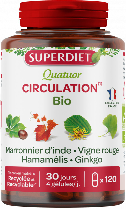 Quatuor Circulation BIO - Ginkgo, Hamamélis, Vigne rouge, Marronnier d'inde - 120 gélules - SUPERDIET