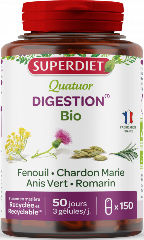 Quatuor Digestion BIO - Chardon marie, Romarin, Fenouil, Anis vert - 150 gélules - SUPERDIET