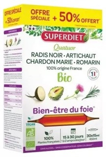 Quatuor Digestion BIO - Radis noir, Artichaut, Chardon marie, Romarin - 30 ampoules x 15 ml + 50 % offert - SUPERDIET