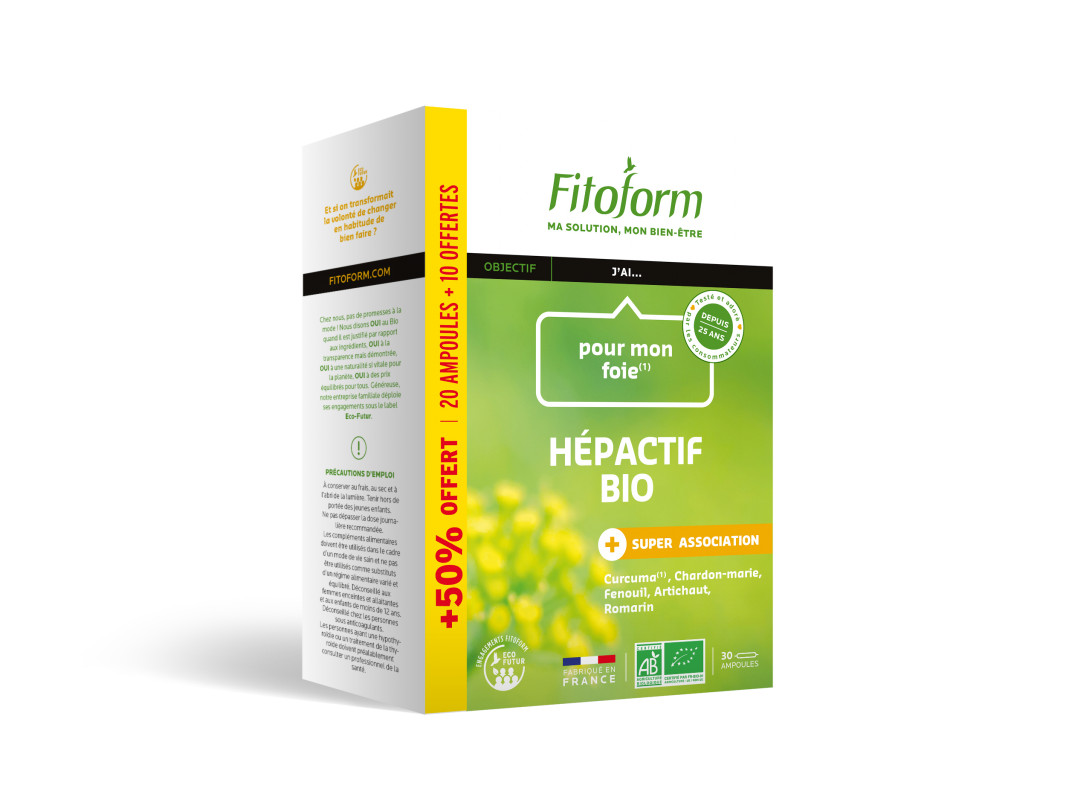 Hepactif BIO AB ecocert - fenouil, curcuma, artichaut et chardon-marie - 30 ampoules x 10 ml (dont 10 offertes) - FITOFORM