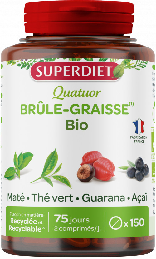 Quatuor Brûle graisse BIO - Maté, Guarana, Thé vert, Acaï - 150 comprimés - SUPERDIET