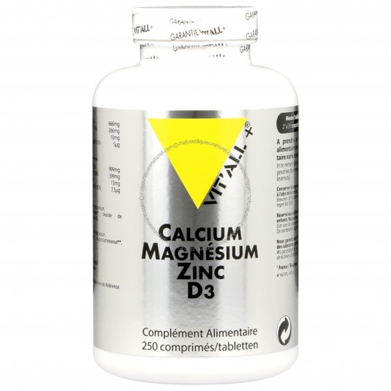 Calcium magnésium zinc bisglycinate + D3 – 250 comprimés – VIT'ALL+