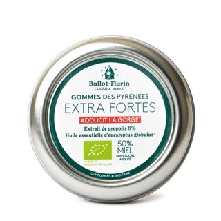 Gommes extra fortes des Pyrénées bio (8 % de propolis, 24,9 % de miel) – 30 g – BALLOT-FLURIN