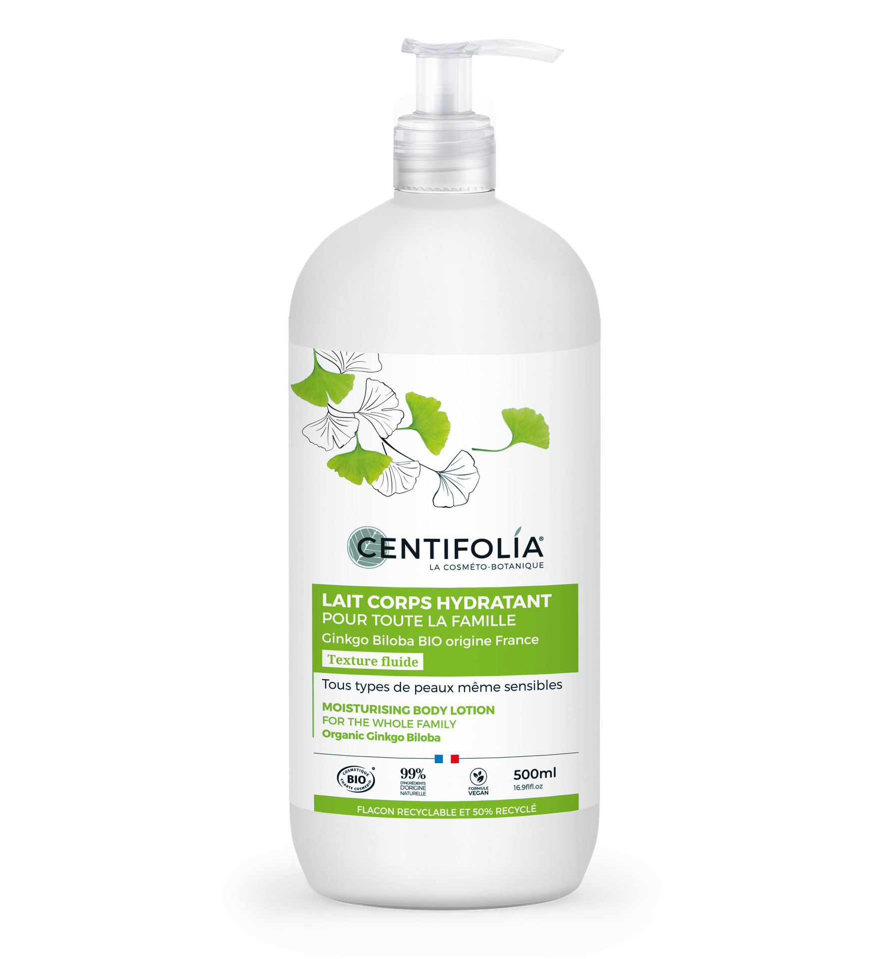 Lait corps hydratant pour toute la famille bio – Flacon pompe 500 ml – CENTIFOLIA