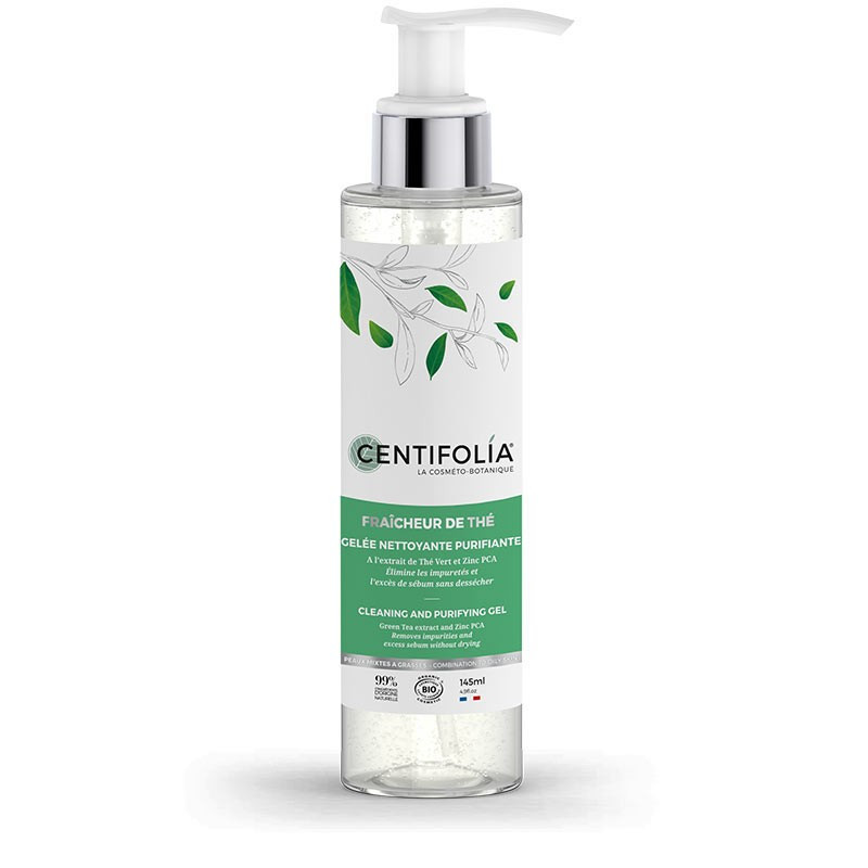 Gelée nettoyante purifiante fraîcheur de thé bio – Flacon pompe 145 ml – CENTIFOLIA